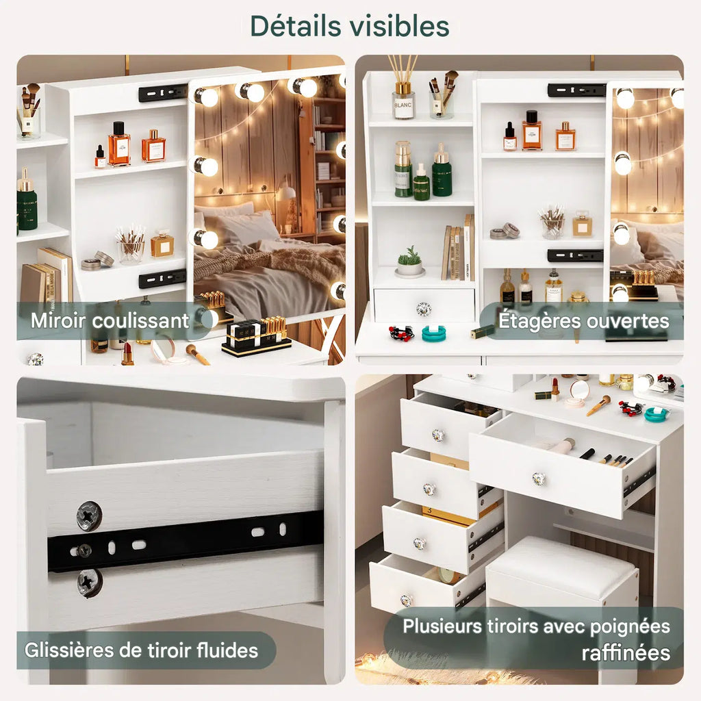 coiffeuse avec miroir led et tabouret - Mon cocon