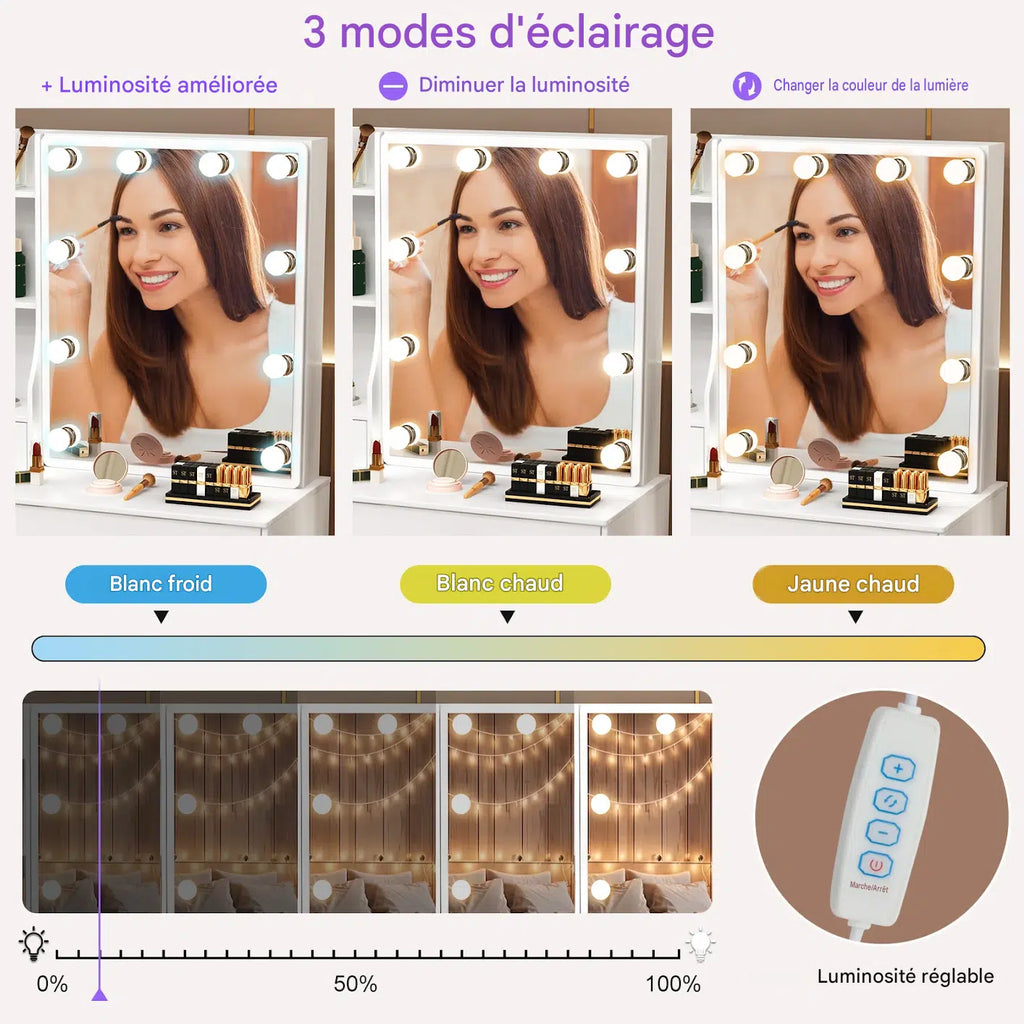 coiffeuse avec miroir led et tabouret - Mon cocon