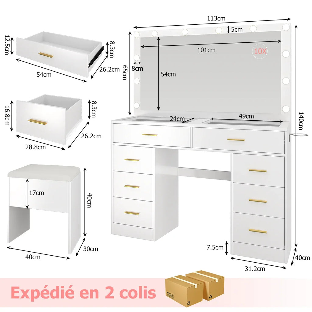 coiffeuse blanche avec miroir led - Mon cocon