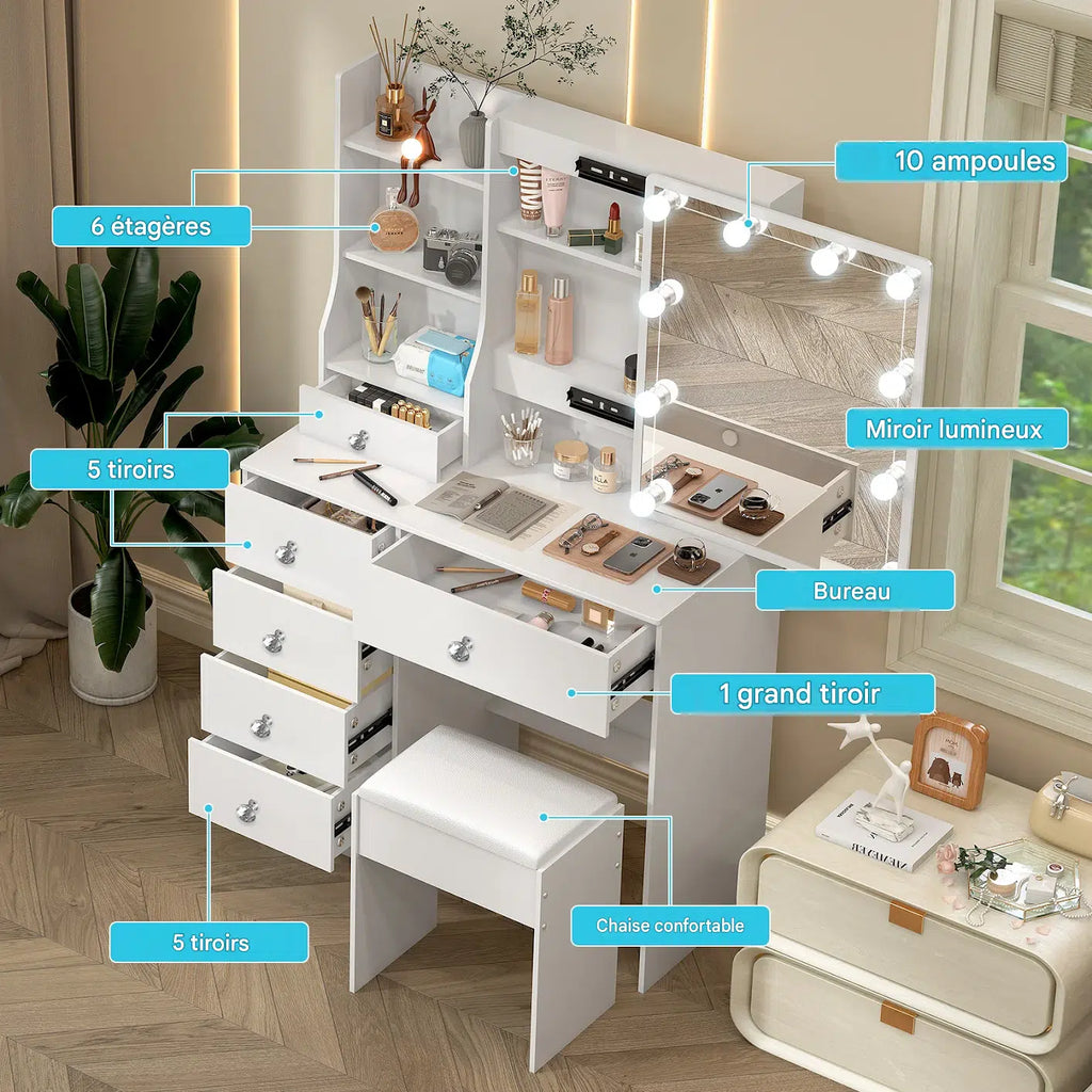 coiffeuse avec miroir led et tabouret - Mon cocon